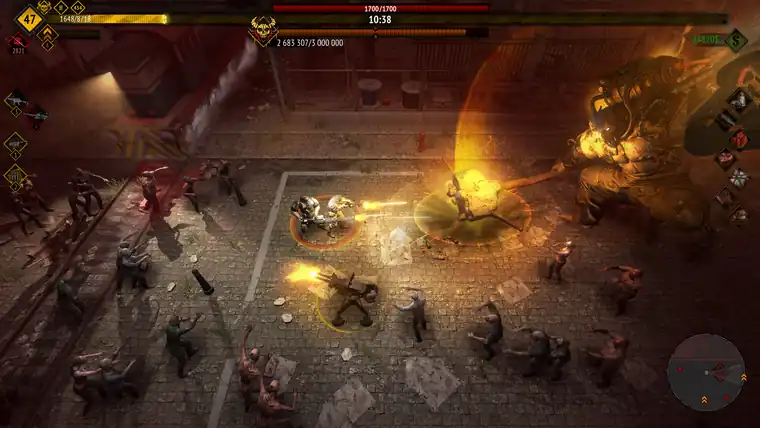 A squad of survivors surrounded by a dense zombie horde, with damage numbers filling the screen
